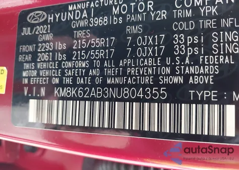 2022 Hyundai Kona Sel из США, поврежденный, VIN KM8K62AB3NU804355